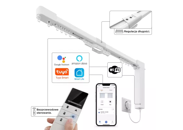 Aluminiowy Teleskopowy Karnisz Elektryczny Creativa 180 cm - 300 cm 230V wifi z pilotem