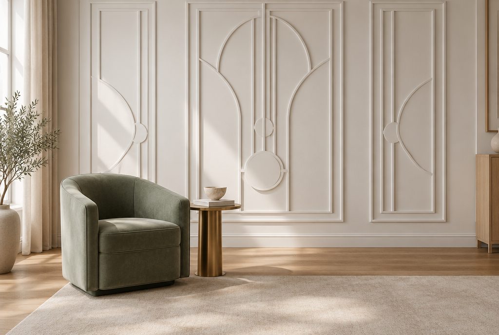Ściana z&nbsp;geometrycznym układem białych listew ściennych w&nbsp;stylu art déco i&nbsp;zielony fotel
