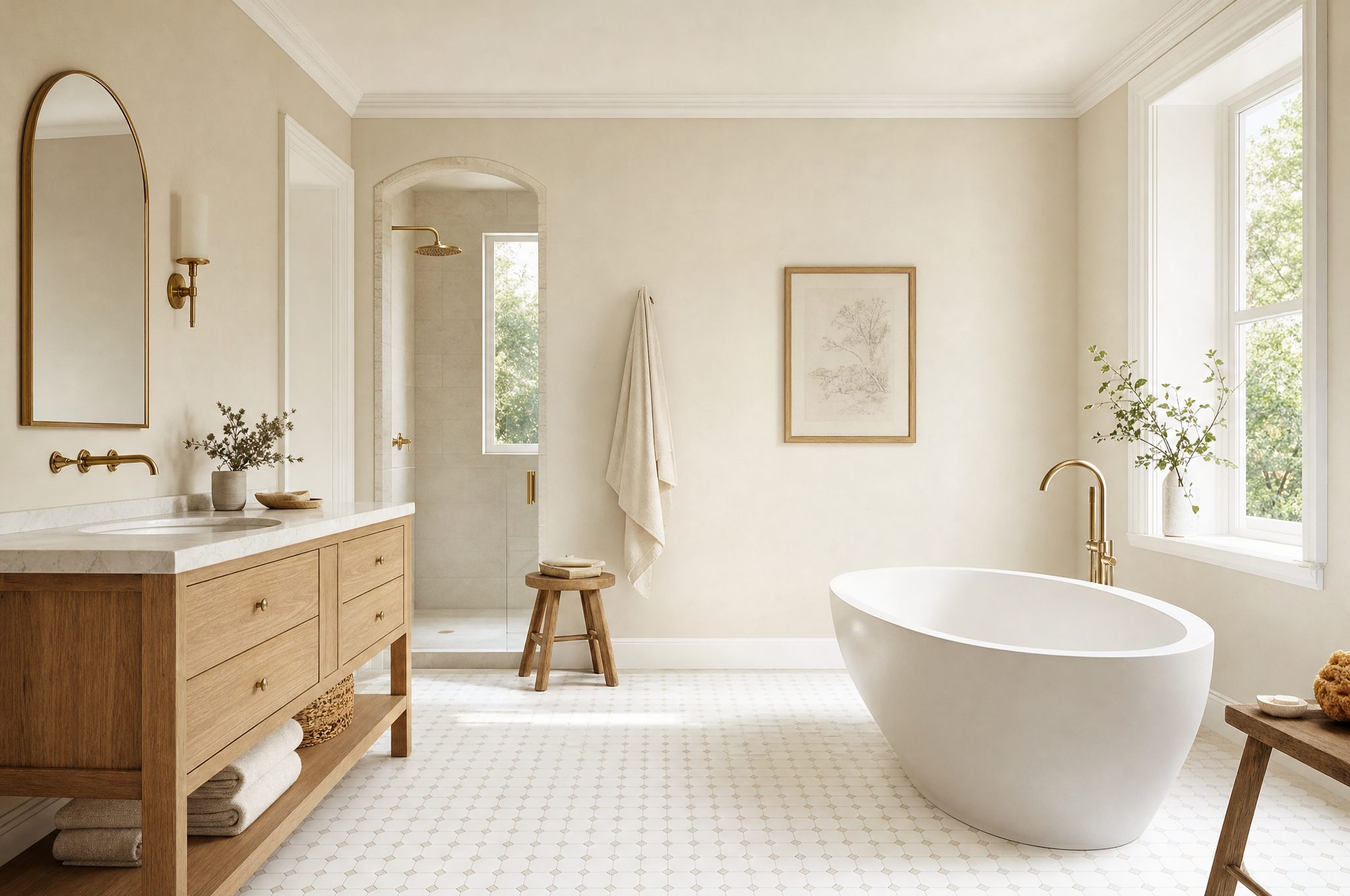 Jasna łazienka z białą podłogą z drobnej mozaiki ośmiokątnej i ciepłym światłem dziennym