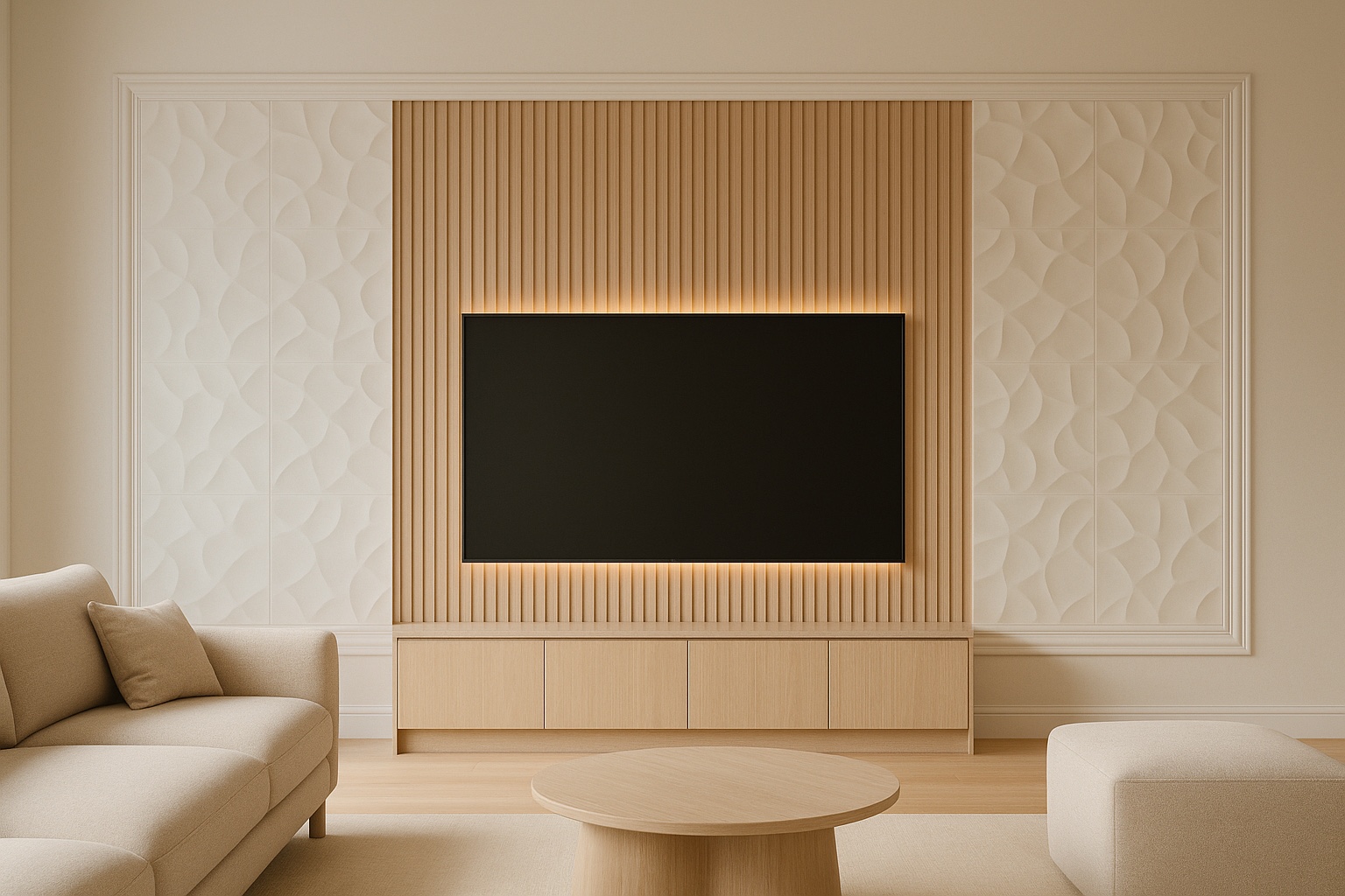 Ściana TV w salonie ze sztukaterią, panelami 3D i lamelami z podświetleniem LED
